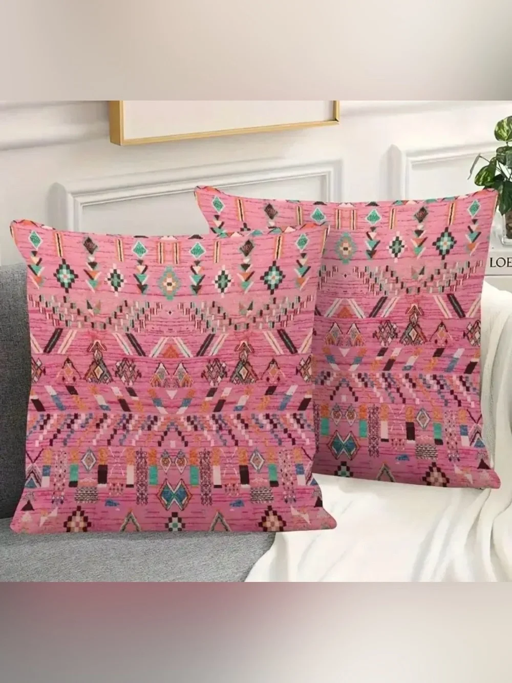 Boho Pink Aztec Pillow Covers Set Of Two (2) Size 20x20 Southwest Tribal Decor